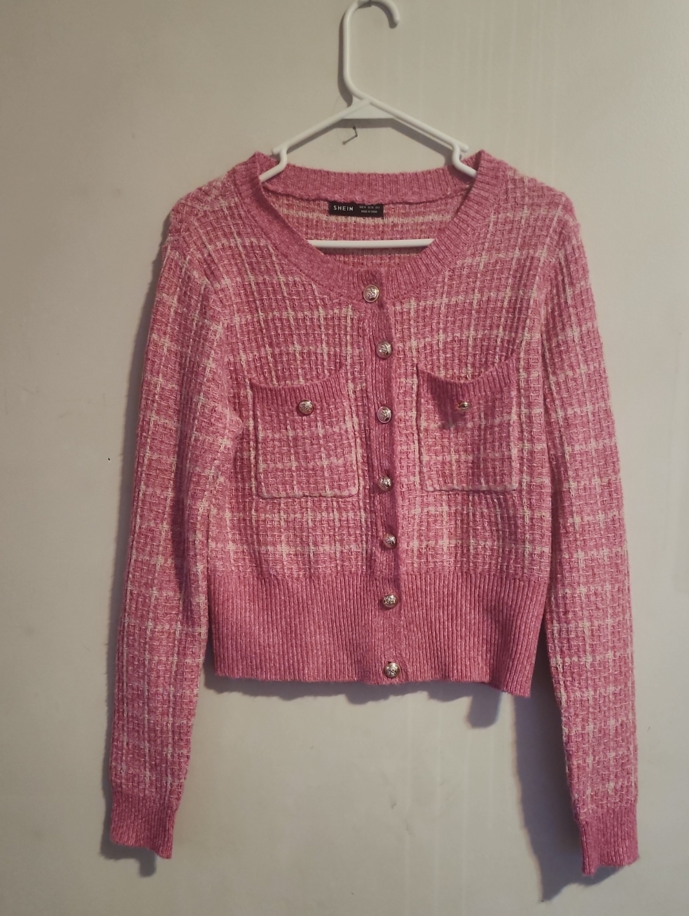 SHEIN Pink Tweed Knit Button-Front Cardigan